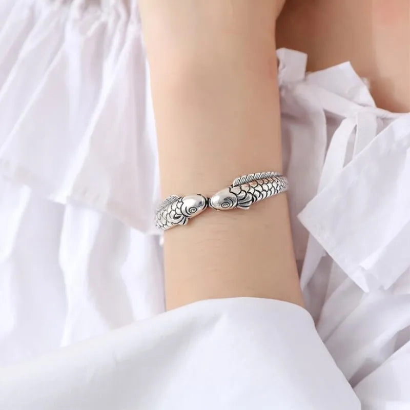 New Exquisite Cute Fish 925 Sterling Silver Jewelry Not Allergic Bracelets Pisces Double Fish Ethnic Style Retro Bangles  SL006