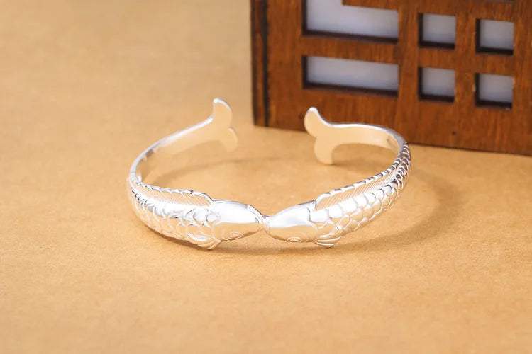 New Exquisite Cute Fish 925 Sterling Silver Jewelry Not Allergic Bracelets Pisces Double Fish Ethnic Style Retro Bangles  SL006