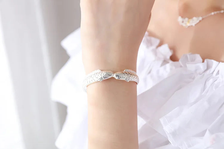New Exquisite Cute Fish 925 Sterling Silver Jewelry Not Allergic Bracelets Pisces Double Fish Ethnic Style Retro Bangles  SL006