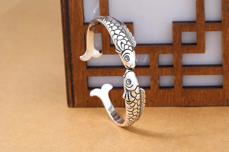 New Exquisite Cute Fish 925 Sterling Silver Jewelry Not Allergic Bracelets Pisces Double Fish Ethnic Style Retro Bangles  SL006