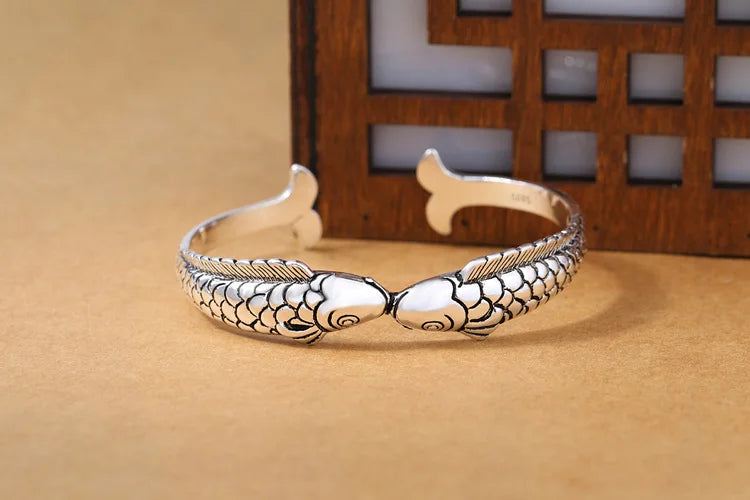 New Exquisite Cute Fish 925 Sterling Silver Jewelry Not Allergic Bracelets Pisces Double Fish Ethnic Style Retro Bangles  SL006