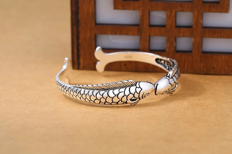 New Exquisite Cute Fish 925 Sterling Silver Jewelry Not Allergic Bracelets Pisces Double Fish Ethnic Style Retro Bangles  SL006