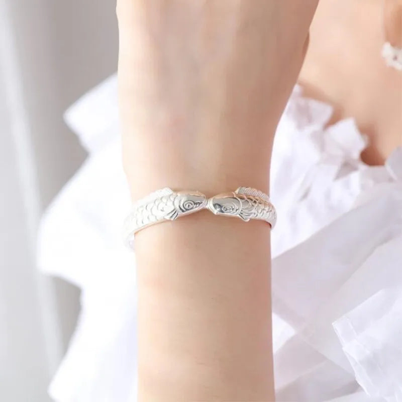 New Exquisite Cute Fish 925 Sterling Silver Jewelry Not Allergic Bracelets Pisces Double Fish Ethnic Style Retro Bangles  SL006