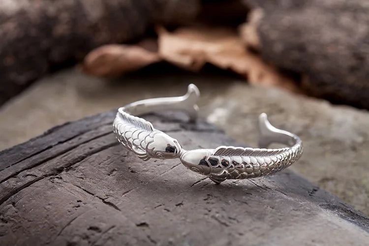 New Exquisite Cute Fish 925 Sterling Silver Jewelry Not Allergic Bracelets Pisces Double Fish Ethnic Style Retro Bangles  SL006