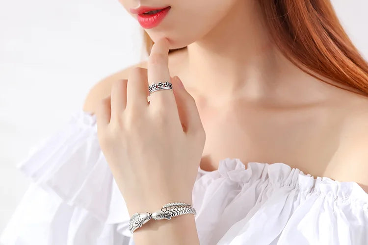 New Exquisite Cute Fish 925 Sterling Silver Jewelry Not Allergic Bracelets Pisces Double Fish Ethnic Style Retro Bangles  SL006