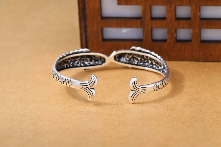 New Exquisite Cute Fish 925 Sterling Silver Jewelry Not Allergic Bracelets Pisces Double Fish Ethnic Style Retro Bangles  SL006