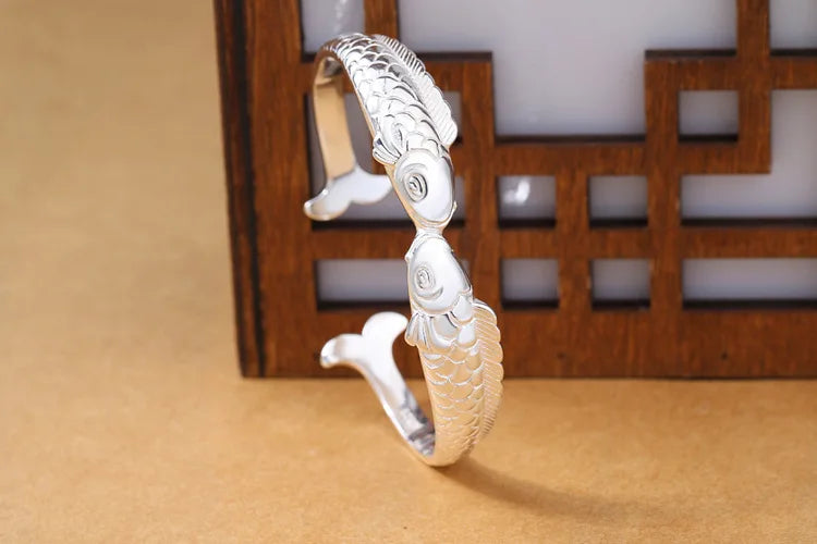 New Exquisite Cute Fish 925 Sterling Silver Jewelry Not Allergic Bracelets Pisces Double Fish Ethnic Style Retro Bangles  SL006