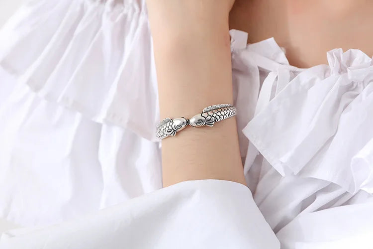 New Exquisite Cute Fish 925 Sterling Silver Jewelry Not Allergic Bracelets Pisces Double Fish Ethnic Style Retro Bangles  SL006