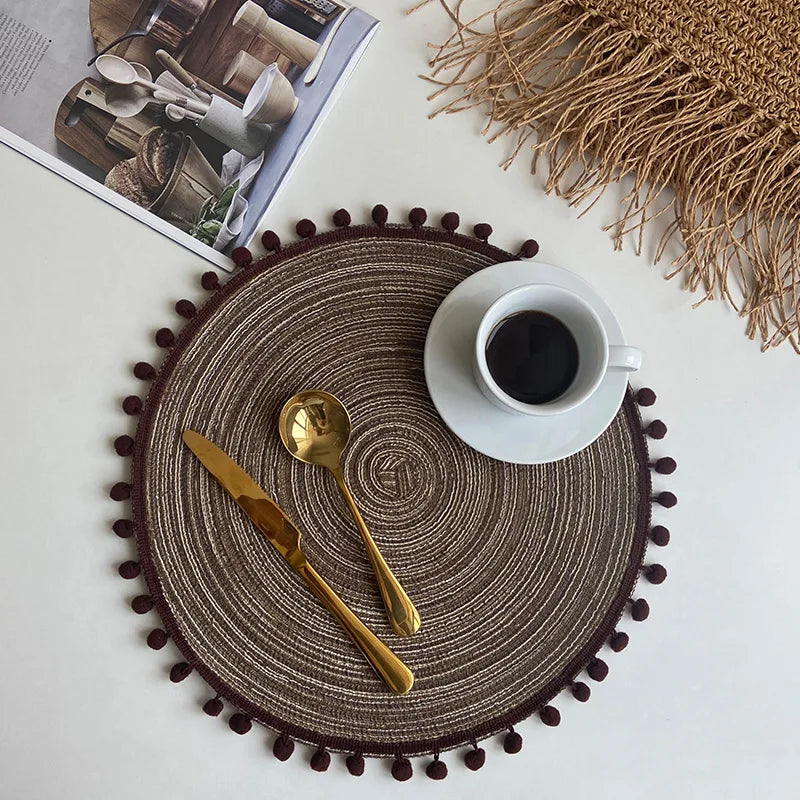 1/6/10PCS Round Braided Red Placemats