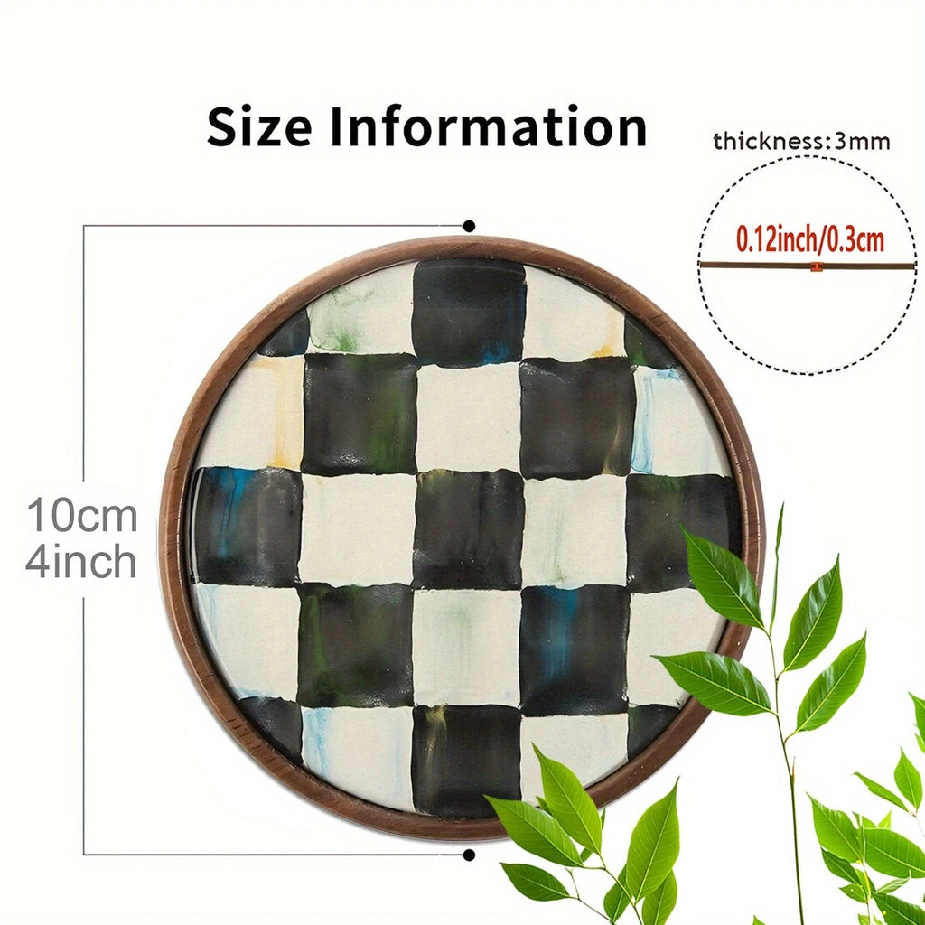 2D Flat 6pcs 4in Plaid Round Wooden Cup Coasters Heat-resistant Slip-resistant Artistic Coffee Tea Cup Matss Home Kitchen Gifts