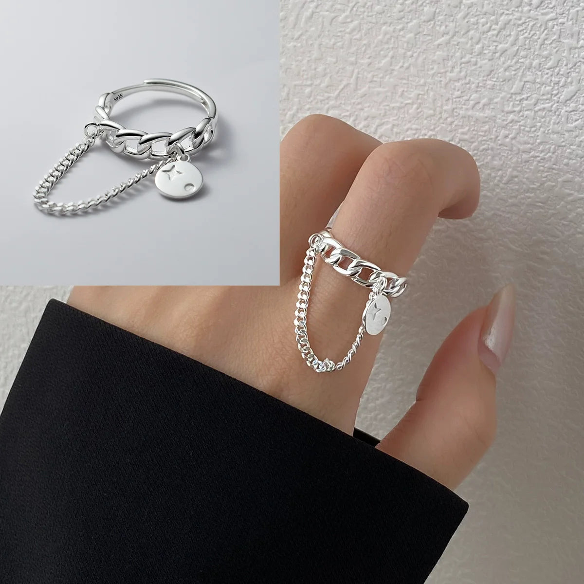 PANJBJ Real 925 Sterling Silver Retro Round Ring For 2 Rigns Women Chain Vintage Fine Jewelry Minimalist Accessories Gift