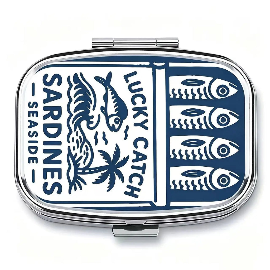 Sardines Print Metal Pill Box,Travel Pill Organizer for Vitamins & Pills