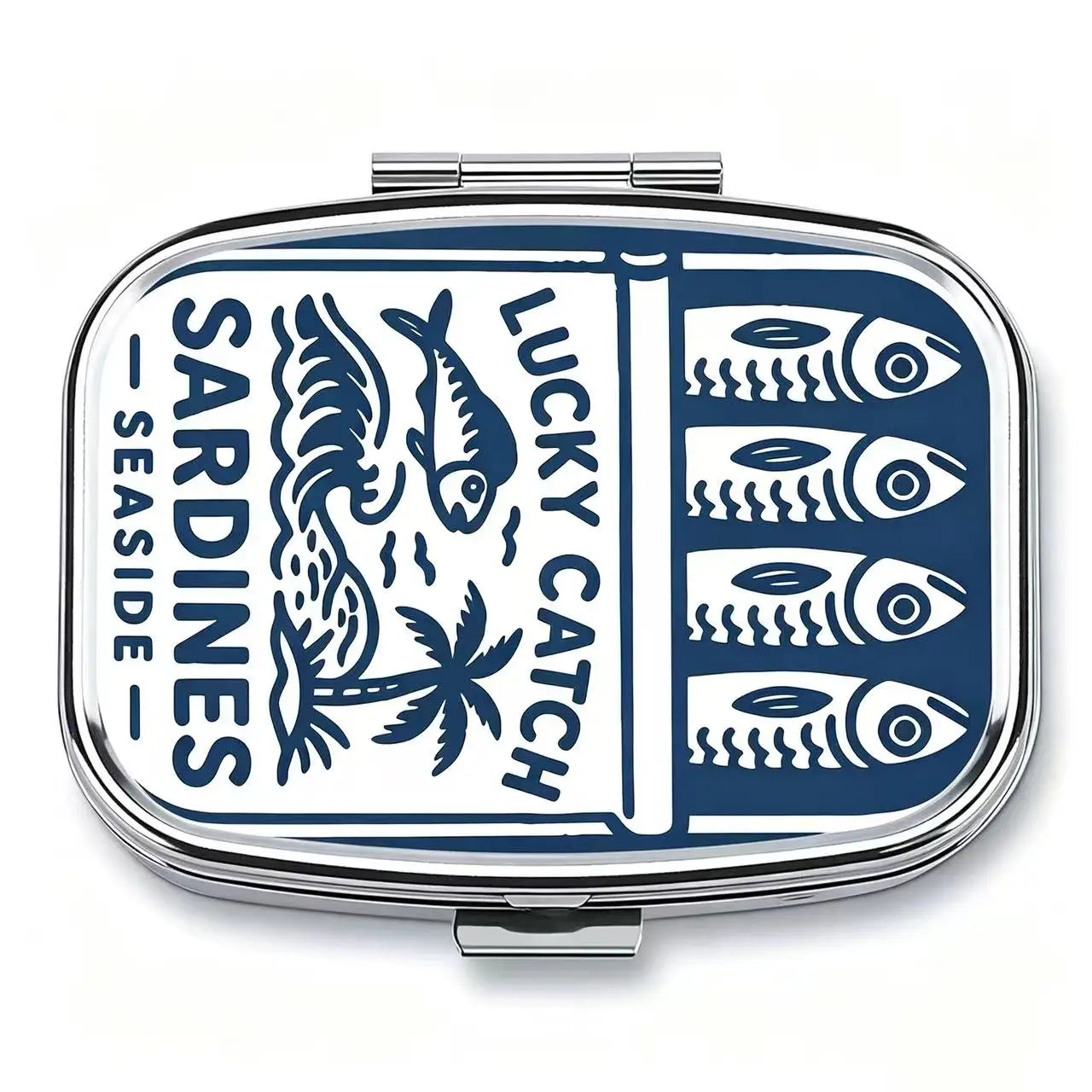 Sardines Print Metal Pill Box,Travel Pill Organizer for Vitamins & Pills