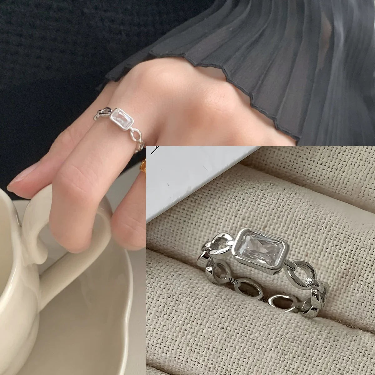 PANJBJ Real 925 Sterling Silver Retro Round Ring For 2 Rigns Women Chain Vintage Fine Jewelry Minimalist Accessories Gift