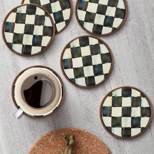 2D Flat 6pcs 4in Plaid Round Wooden Cup Coasters Heat-resistant Slip-resistant Artistic Coffee Tea Cup Matss Home Kitchen Gifts