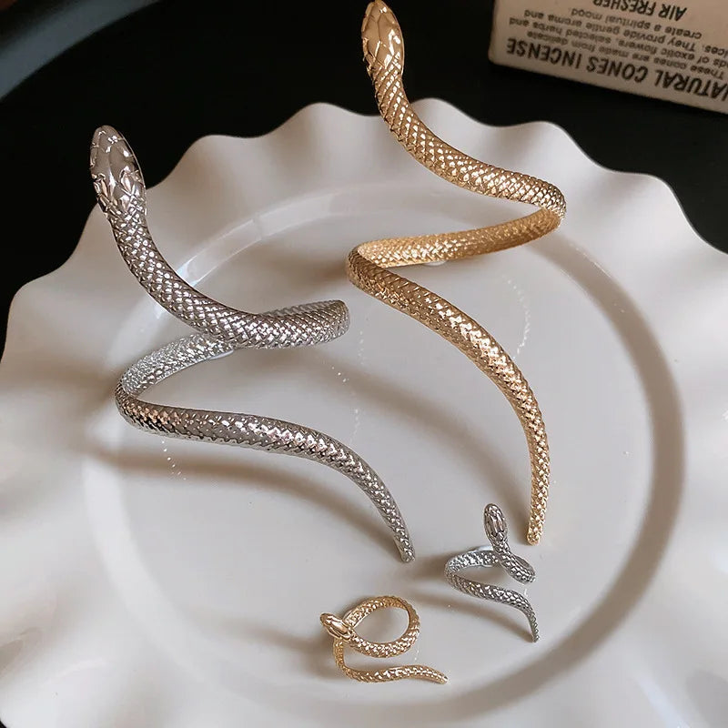 New Arrival Snake Shaped Cuff Bracelet Ring Set for Women Exaggerated Metal Unique Design Bracelet Fashion Jewelry Set