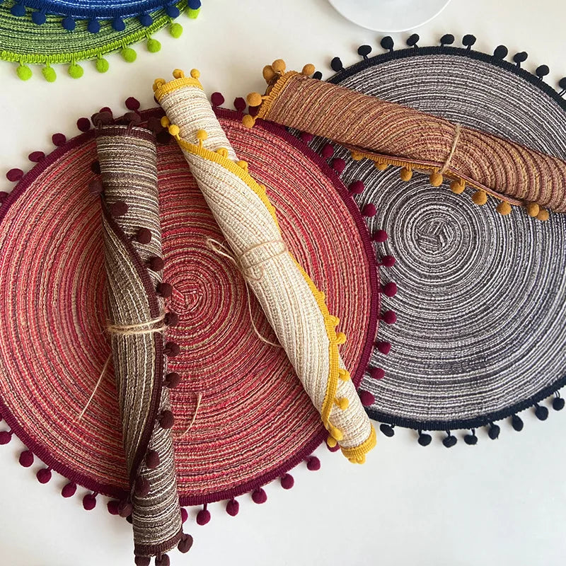 1/6/10PCS Round Braided Red Placemats