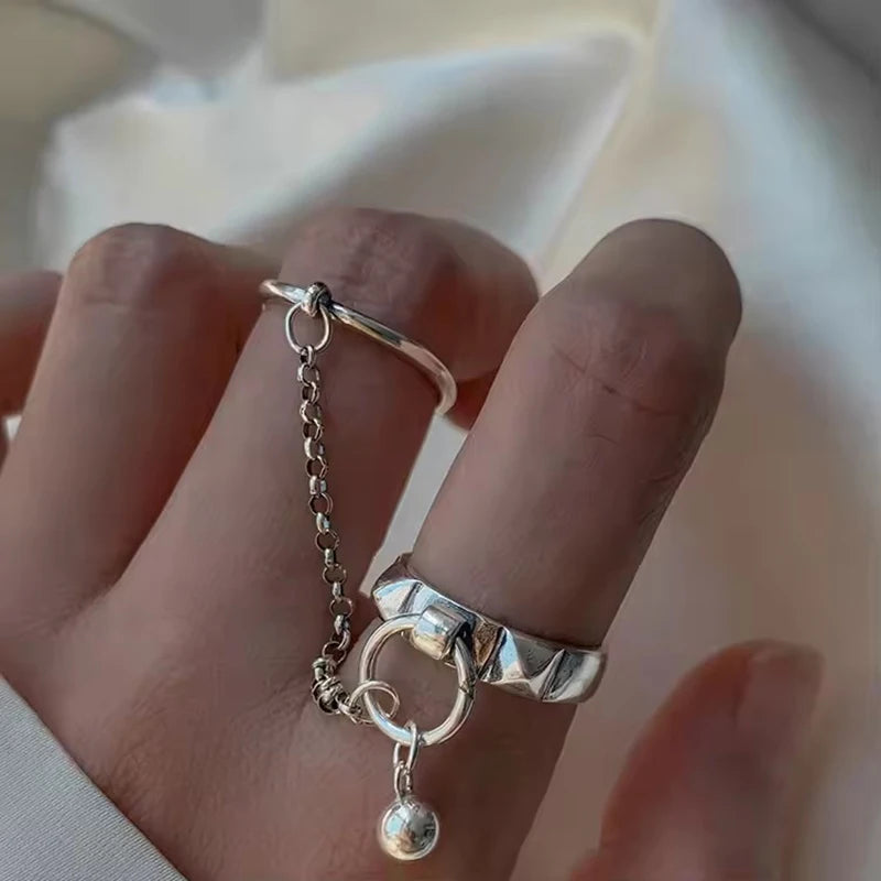 PANJBJ Real 925 Sterling Silver Retro Round Ring For 2 Rigns Women Chain Vintage Fine Jewelry Minimalist Accessories Gift