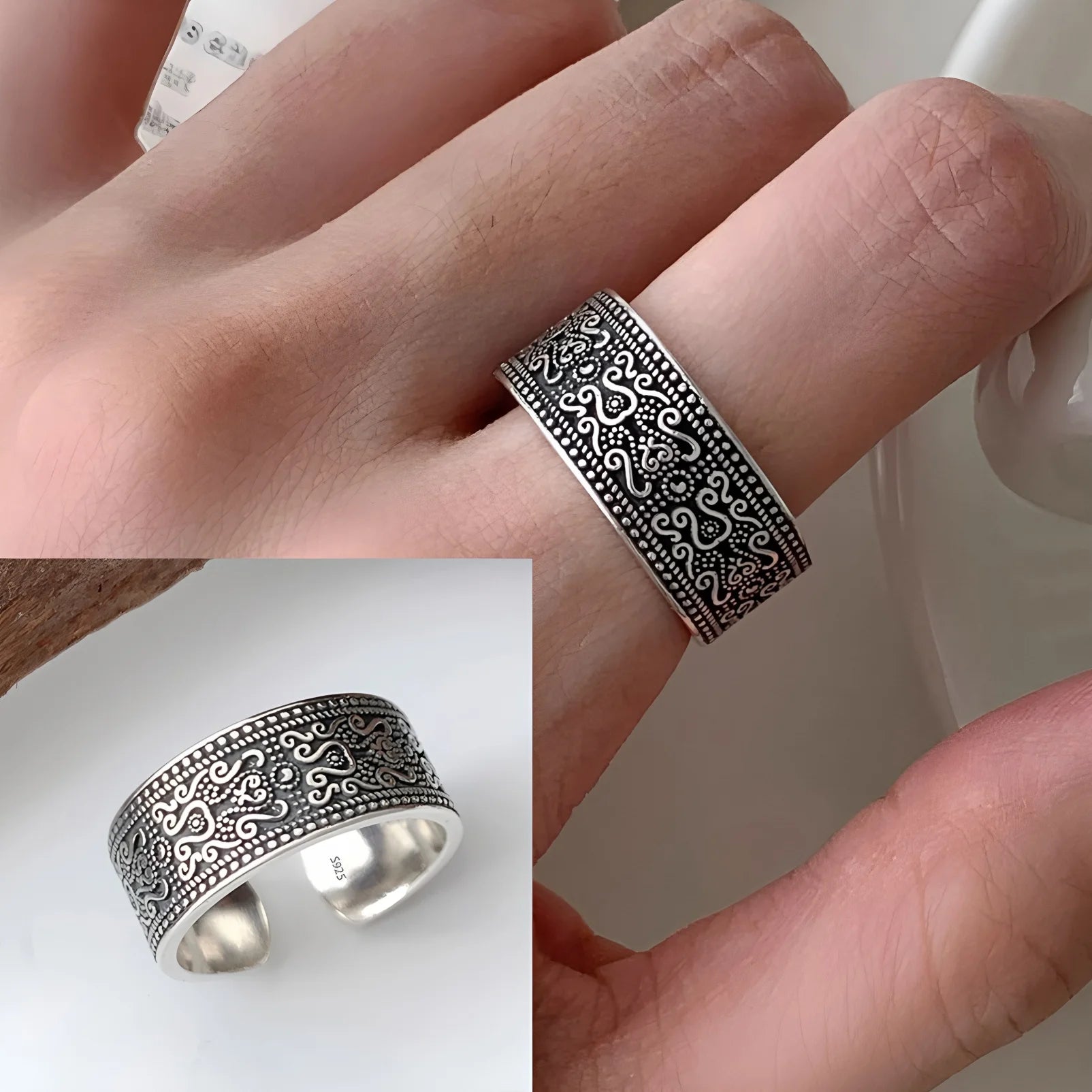 PANJBJ Real 925 Sterling Silver Retro Round Ring For 2 Rigns Women Chain Vintage Fine Jewelry Minimalist Accessories Gift