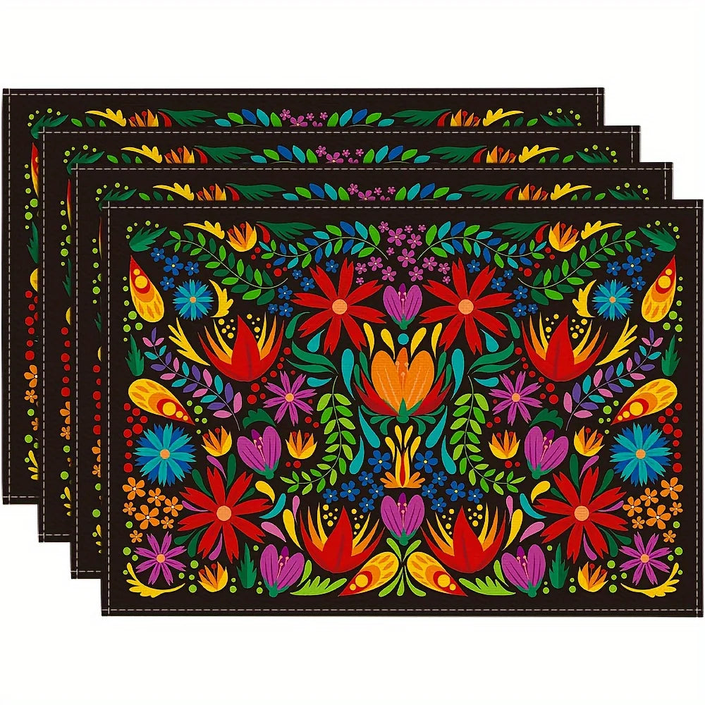 Meican style 4PCS Linen Placemats -Rectangle Table Mats for Dining, Hand Wash
