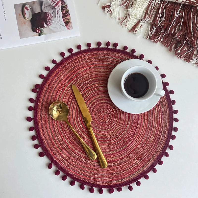 1/6/10PCS Round Braided Red Placemats