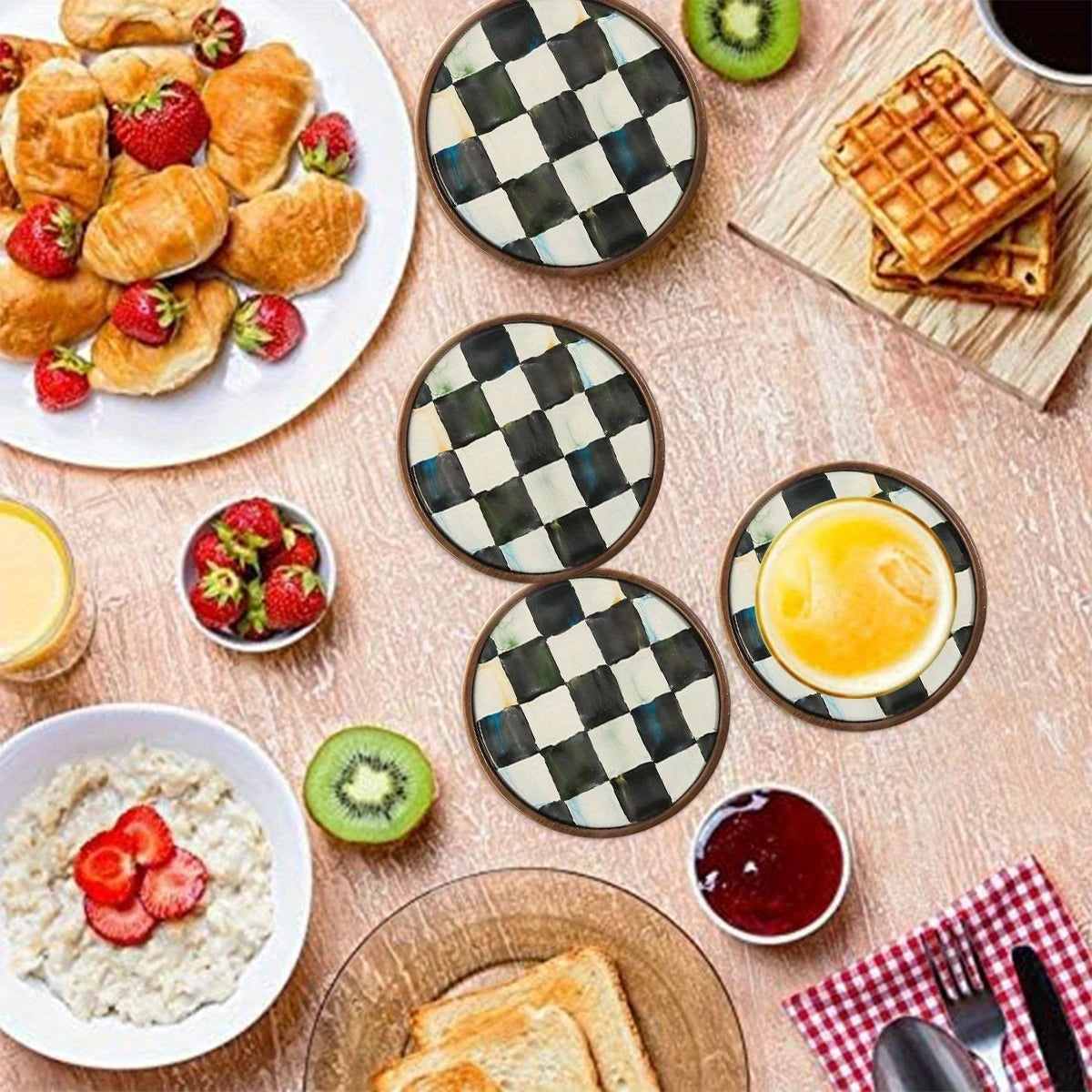 2D Flat 6pcs 4in Plaid Round Wooden Cup Coasters Heat-resistant Slip-resistant Artistic Coffee Tea Cup Matss Home Kitchen Gifts