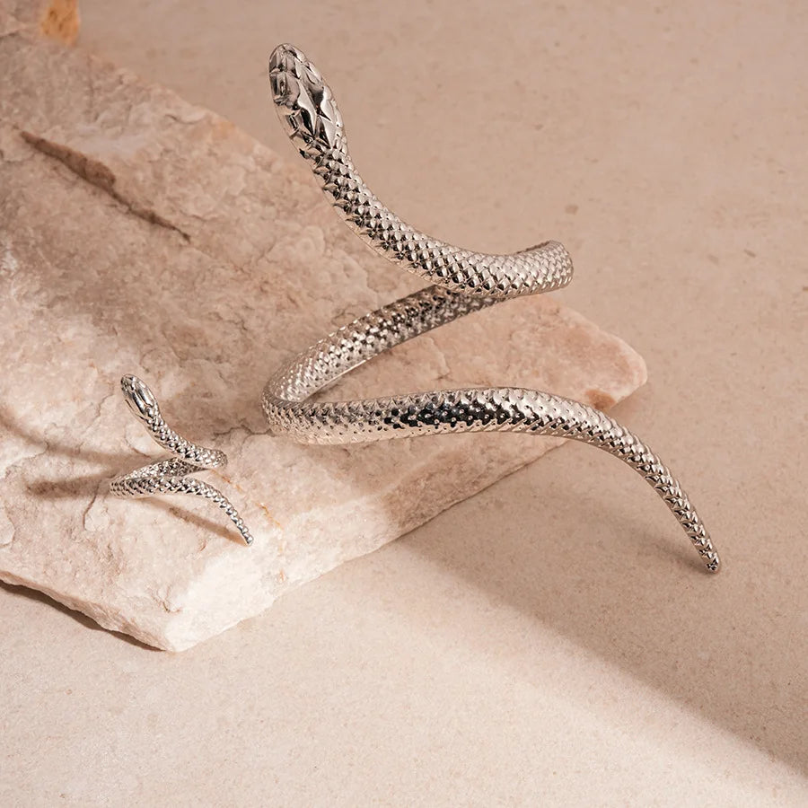 New Arrival Snake Shaped Cuff Bracelet Ring Set for Women Exaggerated Metal Unique Design Bracelet Fashion Jewelry Set