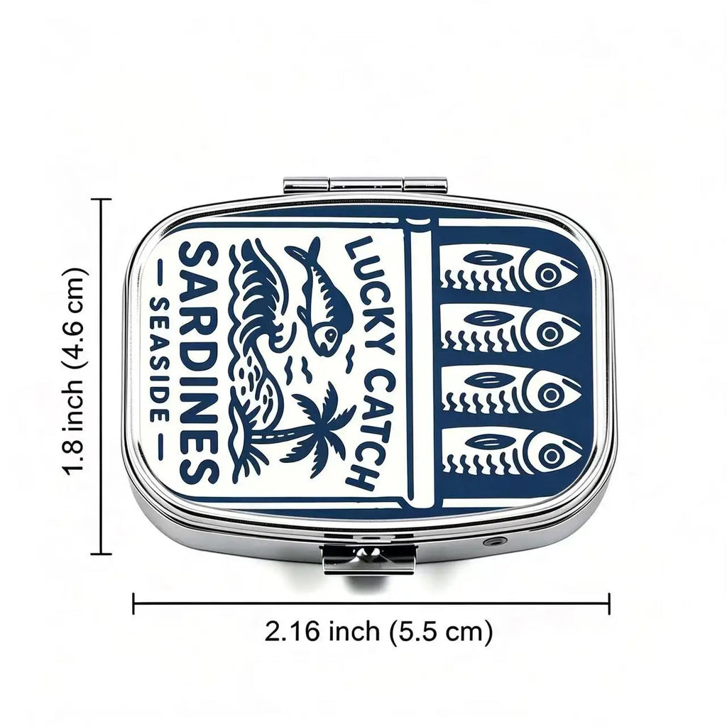 Sardines Print Metal Pill Box,Travel Pill Organizer for Vitamins & Pills