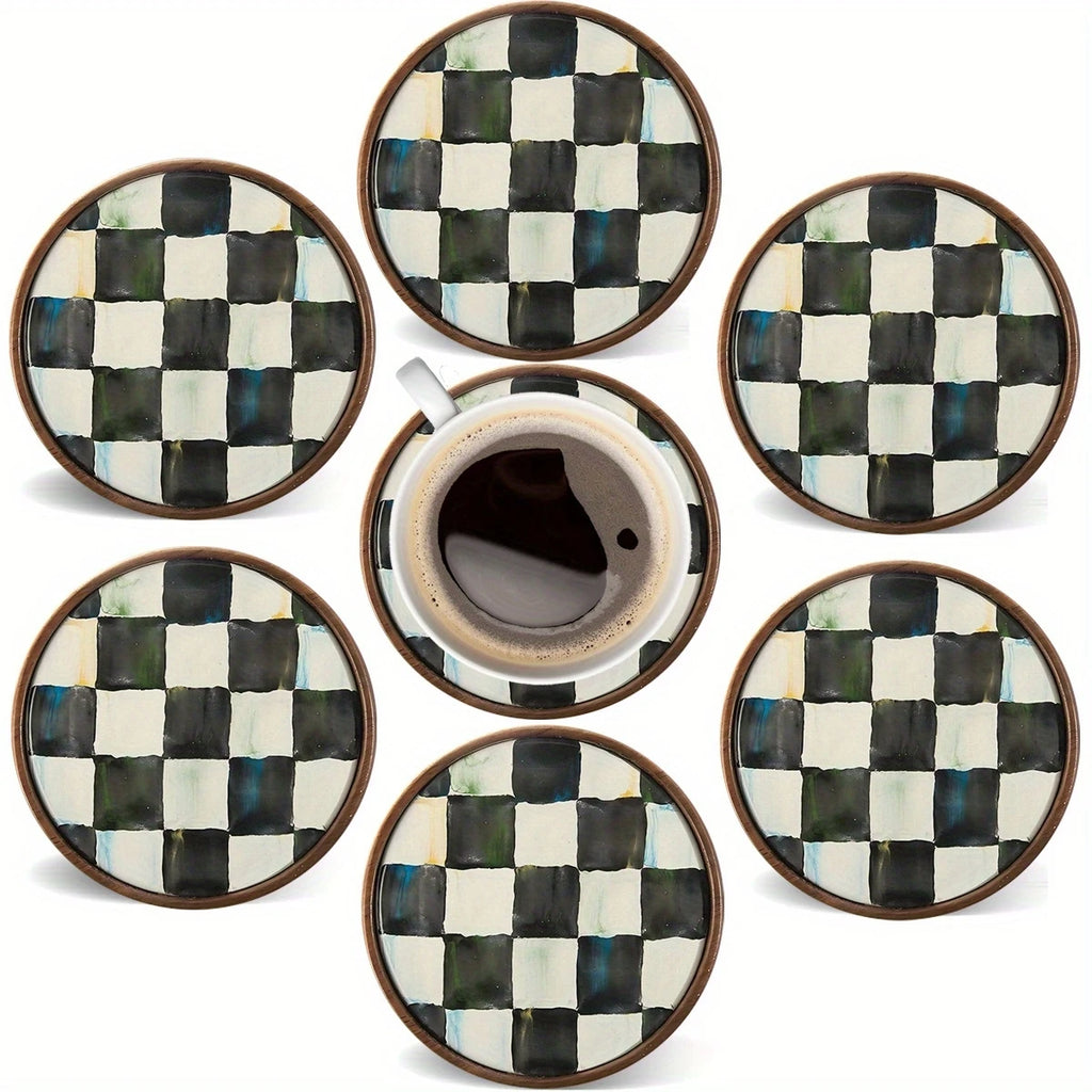 2D Flat 6pcs 4in Plaid Round Wooden Cup Coasters Heat-resistant Slip-resistant Artistic Coffee Tea Cup Matss Home Kitchen Gifts