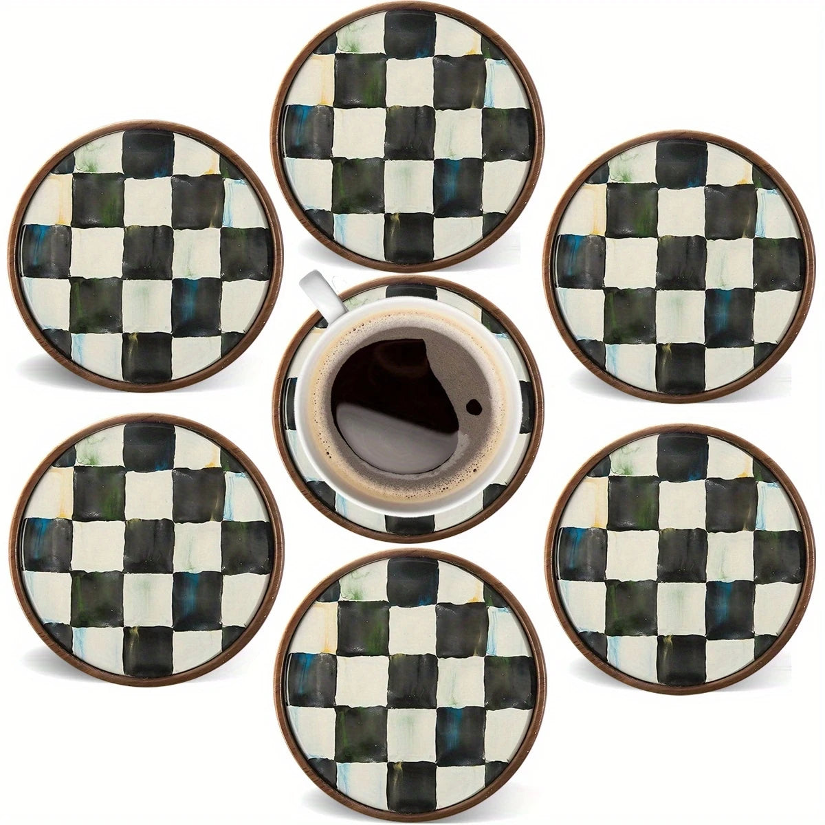 2D Flat 6pcs 4in Plaid Round Wooden Cup Coasters Heat-resistant Slip-resistant Artistic Coffee Tea Cup Matss Home Kitchen Gifts