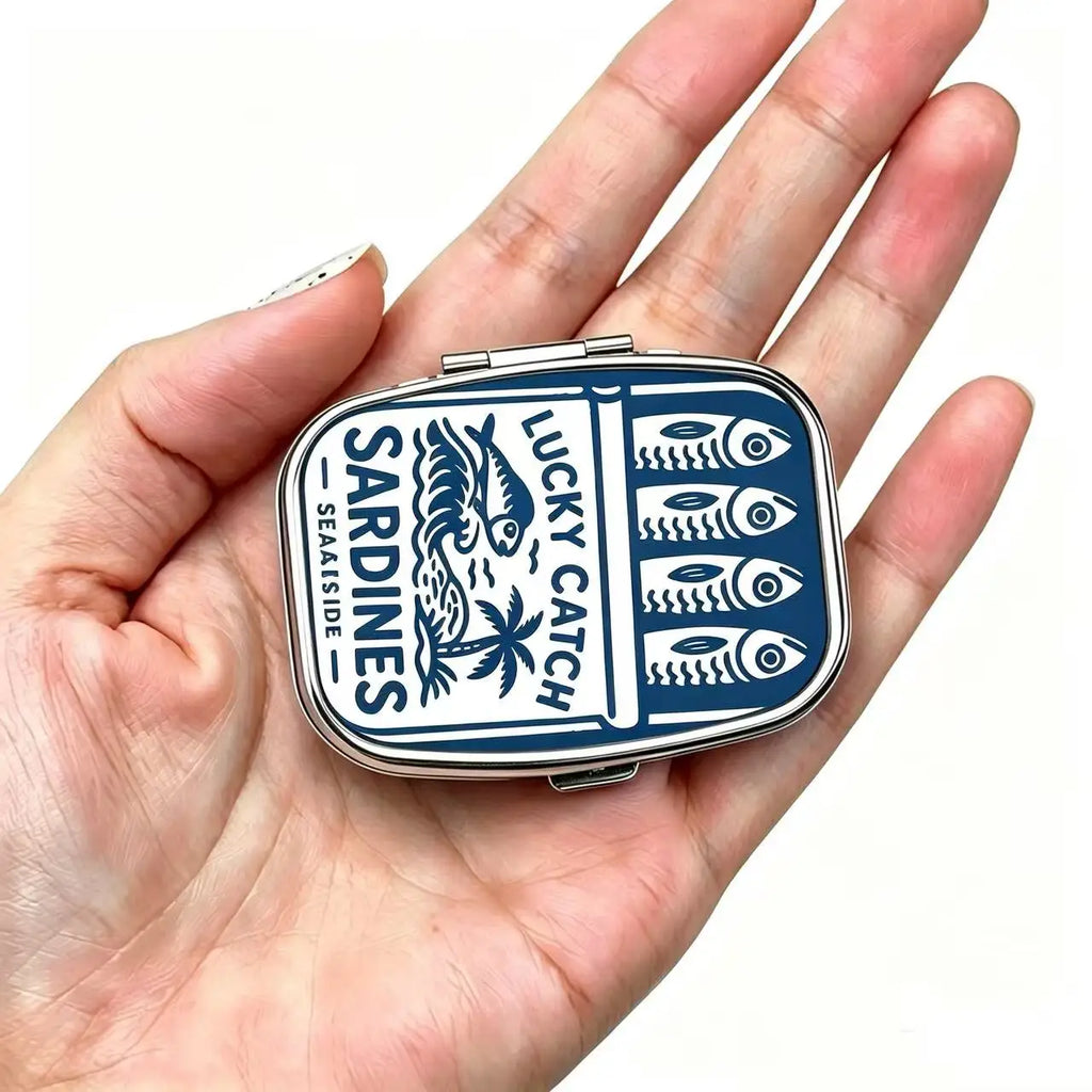 Sardines Print Metal Pill Box,Travel Pill Organizer for Vitamins & Pills