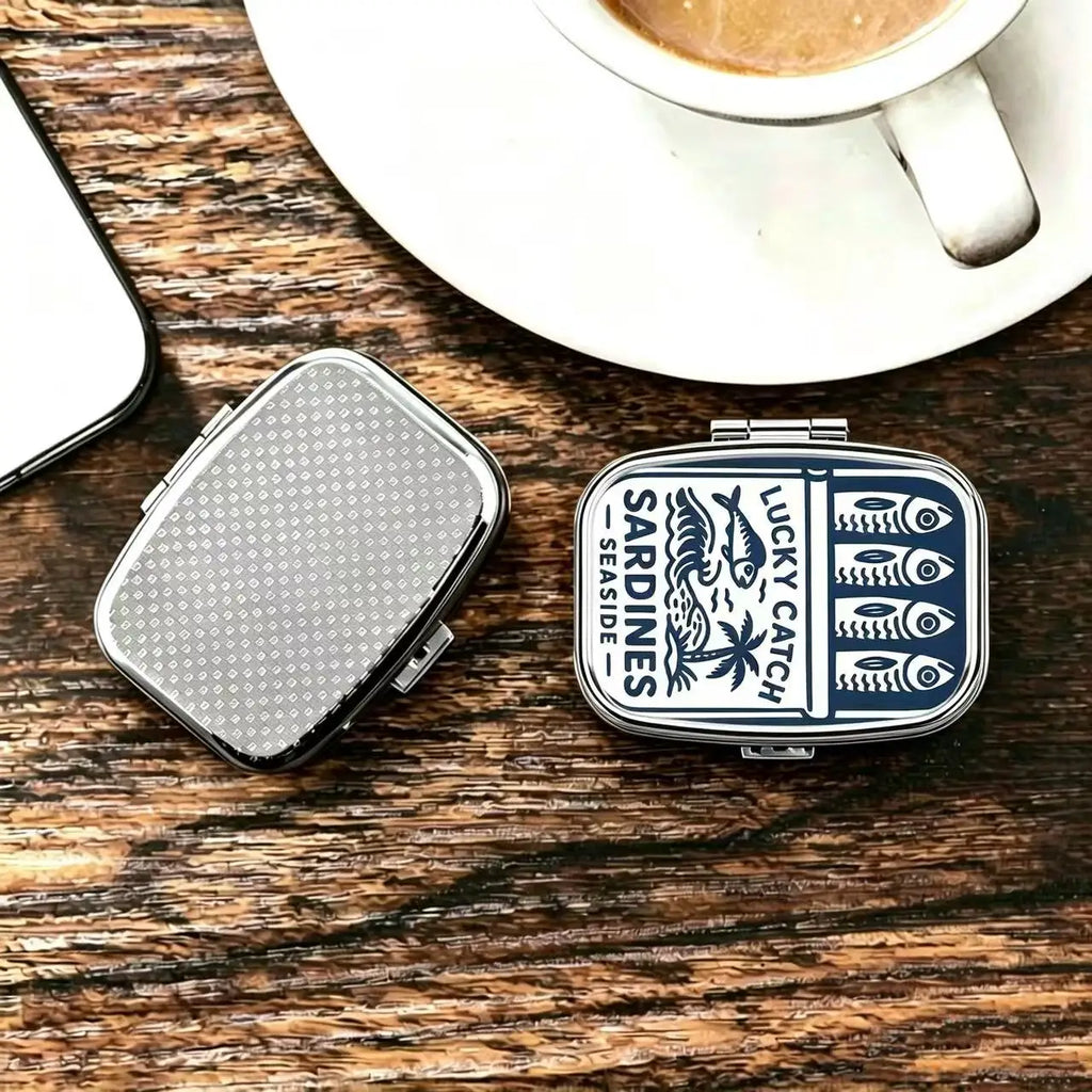 Sardines Print Metal Pill Box,Travel Pill Organizer for Vitamins & Pills