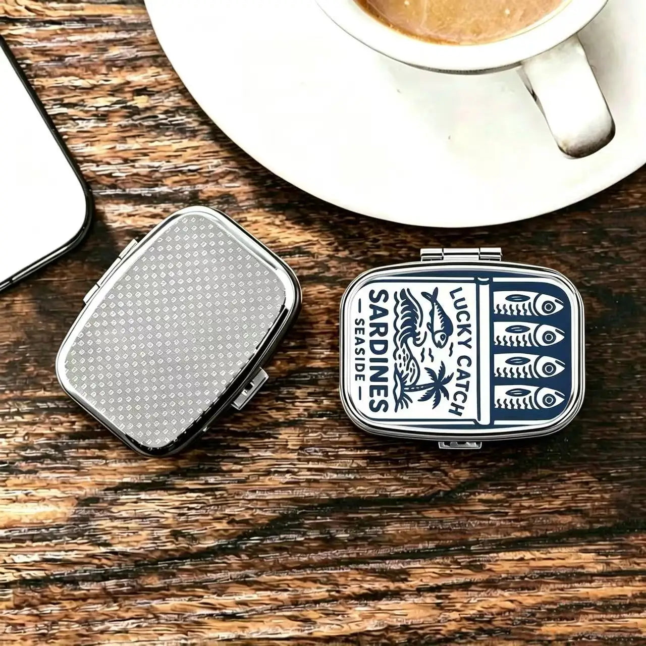 Sardines Print Metal Pill Box,Travel Pill Organizer for Vitamins & Pills