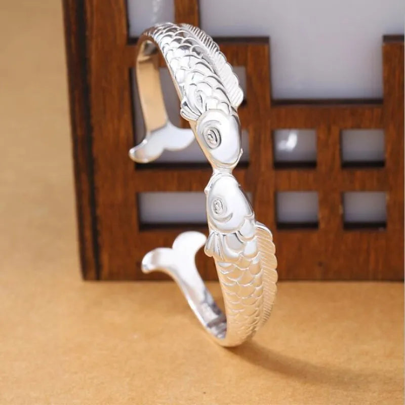 New Exquisite Cute Fish 925 Sterling Silver Jewelry Not Allergic Bracelets Pisces Double Fish Ethnic Style Retro Bangles  SL006