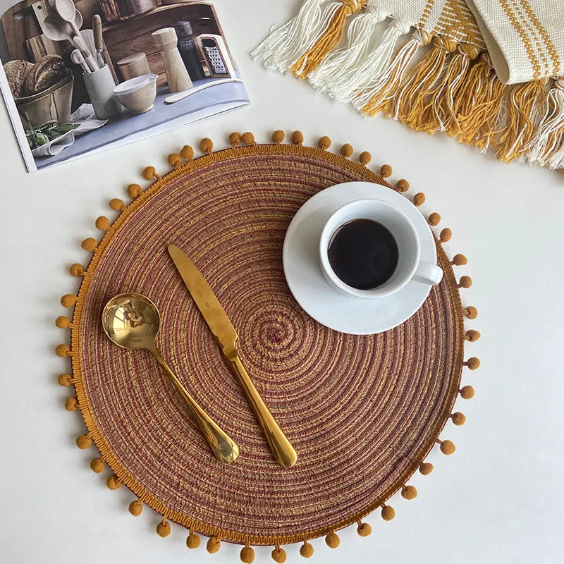 1/6/10PCS Round Braided Red Placemats