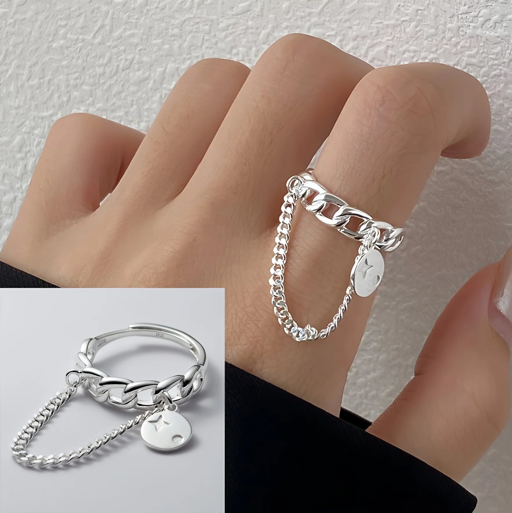 PANJBJ Real 925 Sterling Silver Retro Round Ring For 2 Rigns Women Chain Vintage Fine Jewelry Minimalist Accessories Gift