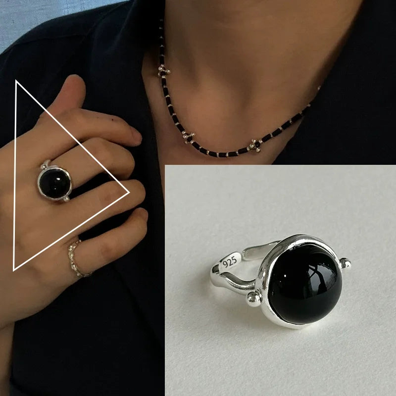 PANJBJ Real 925 Sterling Silver Retro Round Ring For 2 Rigns Women Chain Vintage Fine Jewelry Minimalist Accessories Gift